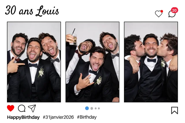 Cadre photobooth anniversaire 30 ans, trois photos style Instagram
