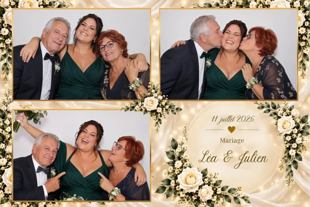 Cadre photobooth mariage, trois photos sur fond floral doré