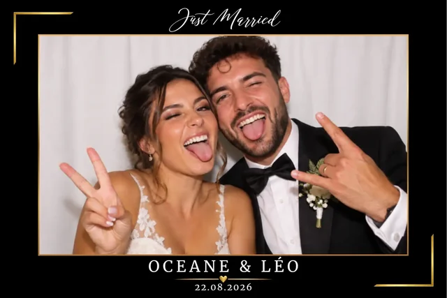 Cadre photobooth mariage Just Married, noir et or